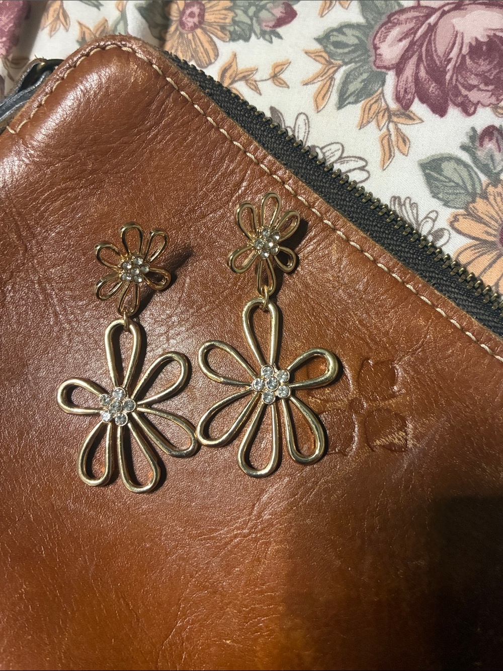 Gold Floral Dangle Earrings with Crystal Centers - Women Jewelry